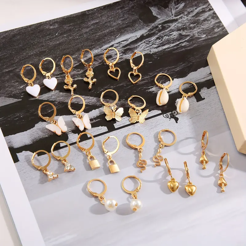 12 Pairs/ Set Heart Mushroom Lock Shell Faux Pearl Shiny Rhinestone Pendant Dangle Earrings Set Elegant Leisure Style Trendy Female Gift 5