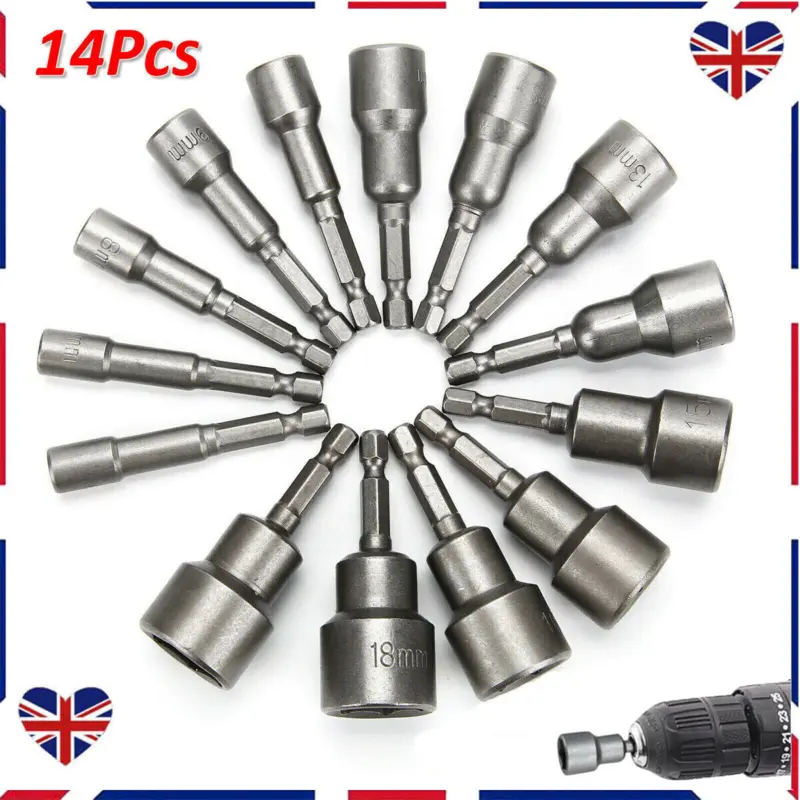 14* 1/4" Nut Driver Bit Set Hex Magnetic Metric Socket Impact Drill 6 To 19MM UK