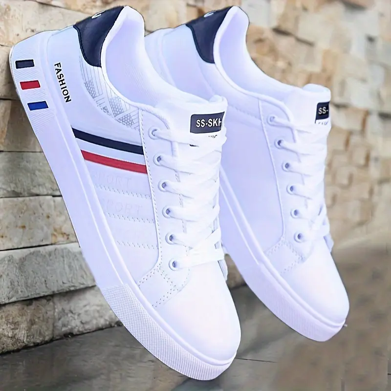 All-Season Men's Striped Lace-up Sneakers - Breathable PU, Durable PVC Sole, Casual Comfort Fit Closed Sports Shoes Sports Shoes Training Trainer Runner Running Boy Athletic Footwear Walking Shoes White