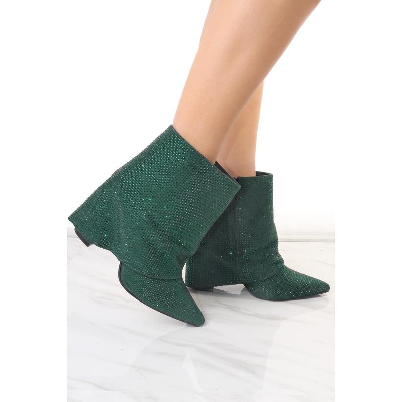 Green Diamante Fold Over Shark Ankle Boot 0