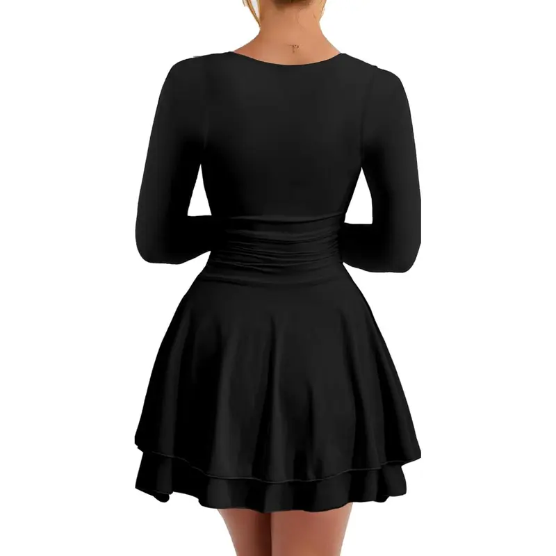 Kaximil Women's Square Neck Ruffle Hem Mini Dress Ruched Waist Long Sleeve Corset Short Party Dresses Formal Womenswear 2