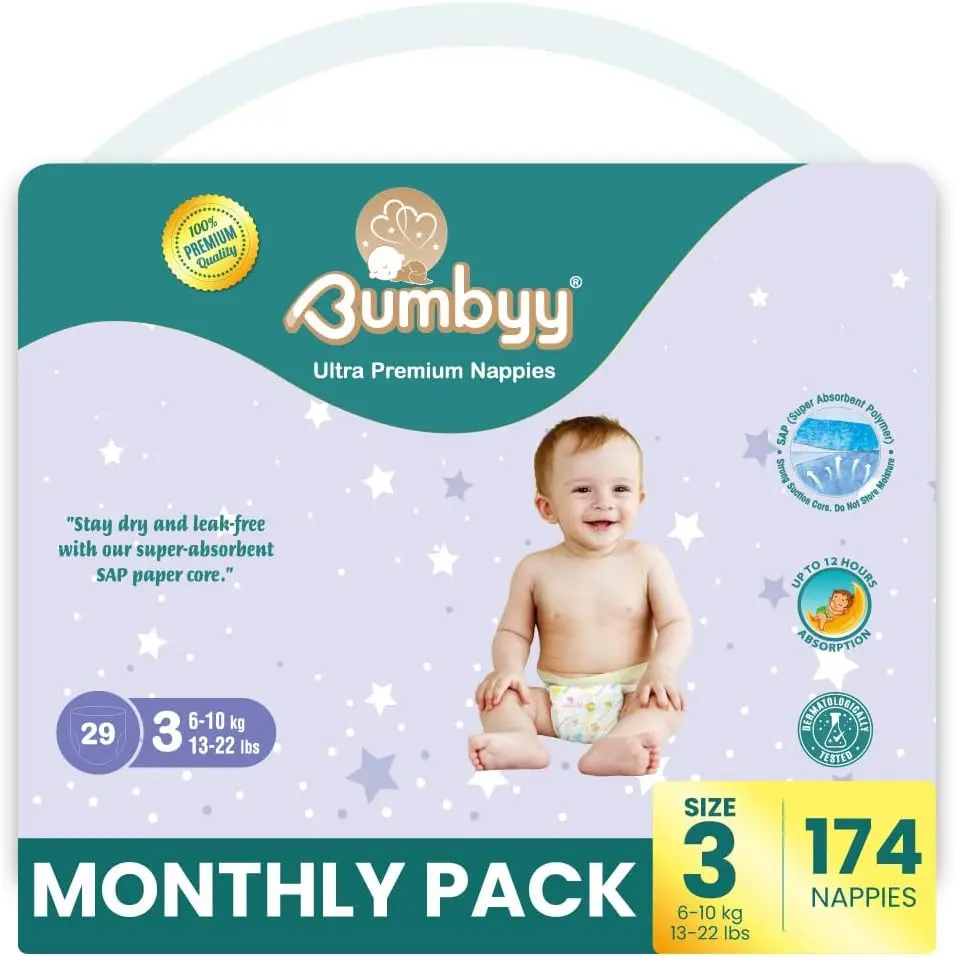 Bumbyy Premium Baby Nappies Size 3 (6-10kg/13-22lbs) -174 Count Savings Pack- Chemicals Free and Dermatologically Tested 12 hr Dry Nappies - Hypoallergenic Soft & Thin Diapers for Most Sensitive Skin