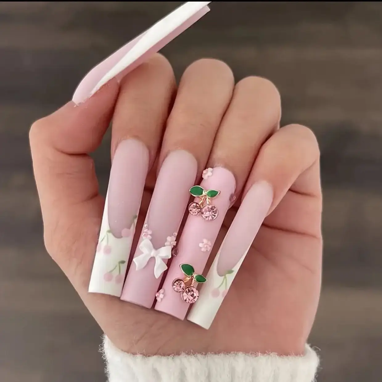 24pcs Matte Pink Long Coffin Fake Nails, French Tip Press On Nails With 3D Cherry Rhinestone Bow Charms Stick On Nails, Sweet Cool Full Cover False Nails For Women Girls