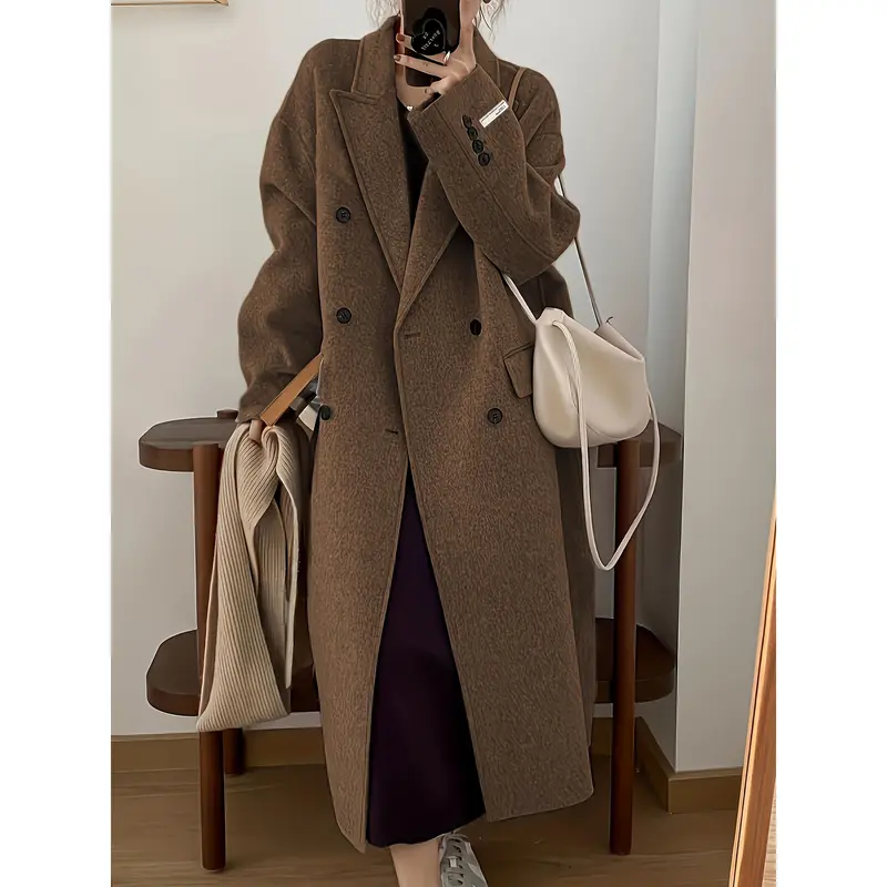 Elegant Double-Breasted Long Sleeve Mid-Length Overcoat - Wool & Blends Outerwear for Fall & Winter - Women's Stylish Lapel Collar Coat for Cold Weather 2