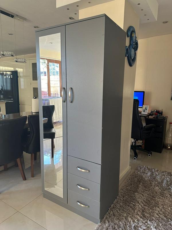 PALAKLOT 2 Door 3 Drawer Full-length Mirror Wardrobe | Modular Cabinet for Space Saving | Ideal Storage Organizer (Grey) 4