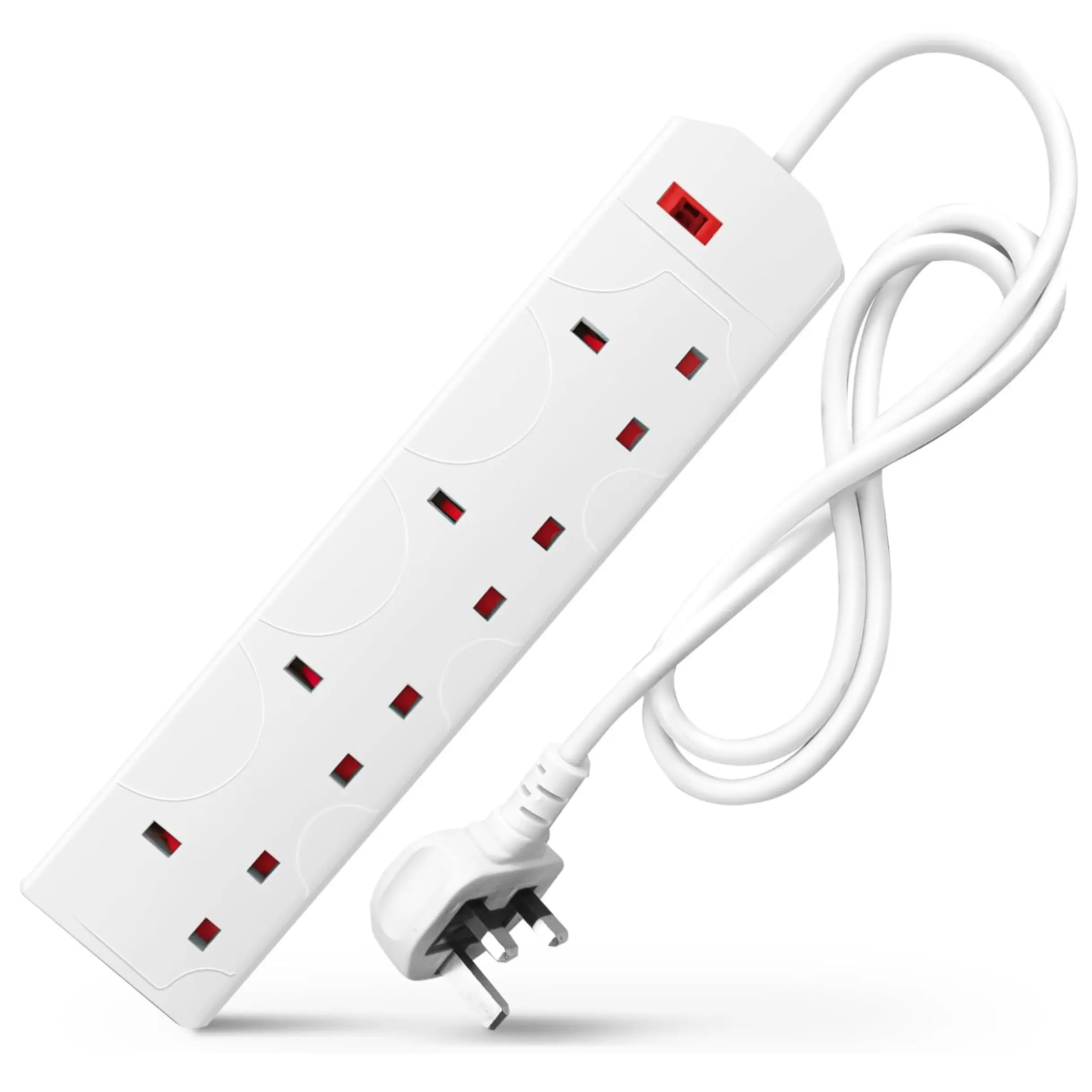 White Electric Extension Lead – 4 Gang 3-Pin Socket, 1M Cable, UK Plug, Wall-Mountable Multi-Socket Strip for Home, Office & Kitchen (1 Pack)