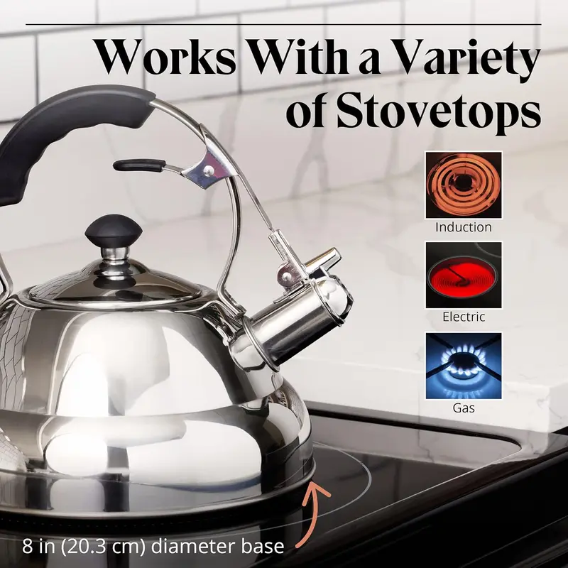 Willow & Everett Stainless Steel Whistling Tea Kettle 3L Induction & Gas Stove with free Loose Leaf Tea Strainer Drinkware Jugs Aluminium Retro Silicone 5