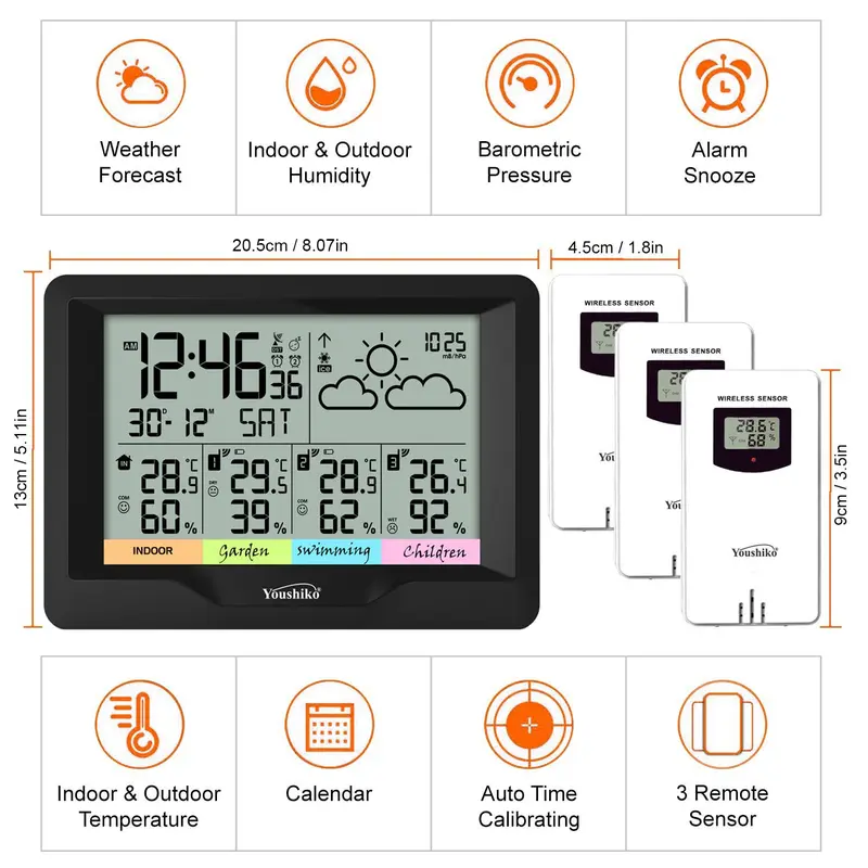 Youshiko YC9343 (Official  UK Version), with 3 x Wireless Sensors Weather Station Extra Large, Radio Controlled Clock 2