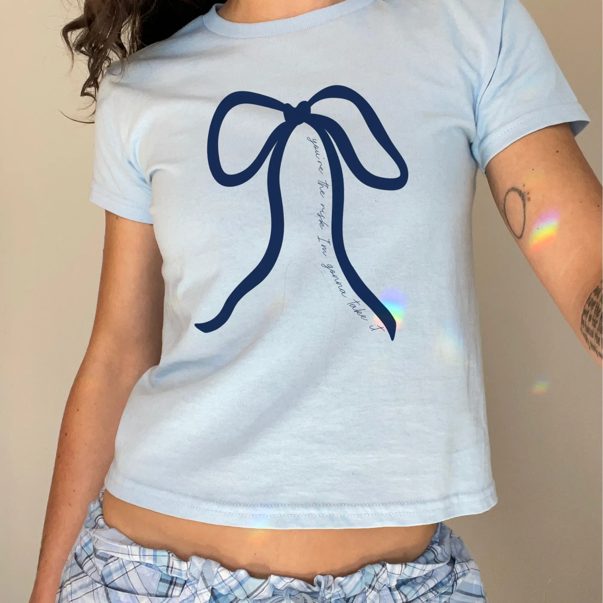 Risk Lyrics Baby Tee, Gracie Inspired Lyrics - You're the Risk I'm Gonna Take It, The Secret of Us Tour - White, Blue, Pink, Navy, Bow - Gildan® 5000B Everyday Clothing Cotton