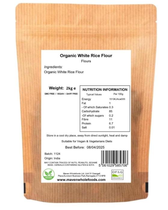 Maven Wholefoods Organic White Rice Flour 2kg - Gluten-Free, High Fibre & Protein, Certified Organic, Suitable for Vegetarian & Vegan - Grain, Carb 1