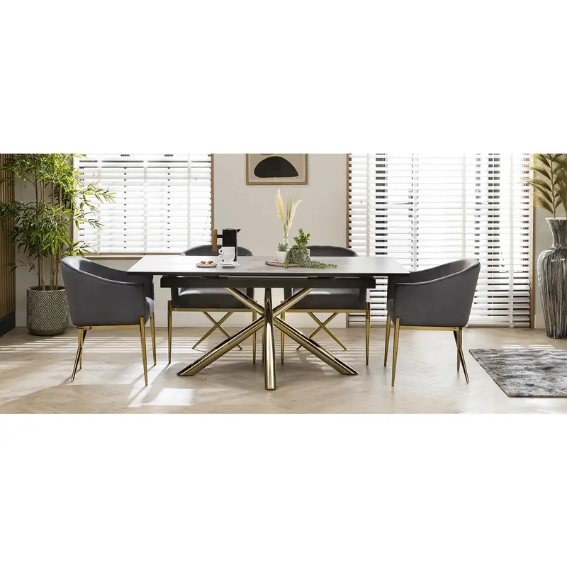6 Seater Extendable Dining Set - Grey Ceramic Table - Premium Velvet Chairs 3