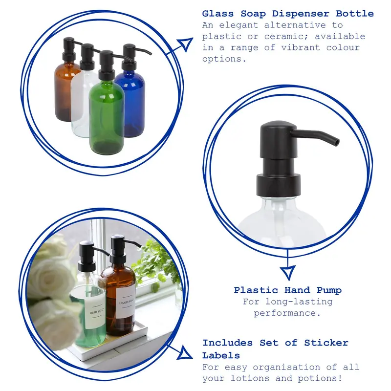 Harbour Housewares Glass Soap Dispensers with Labels - 500ml - Black - Pack of 8 1