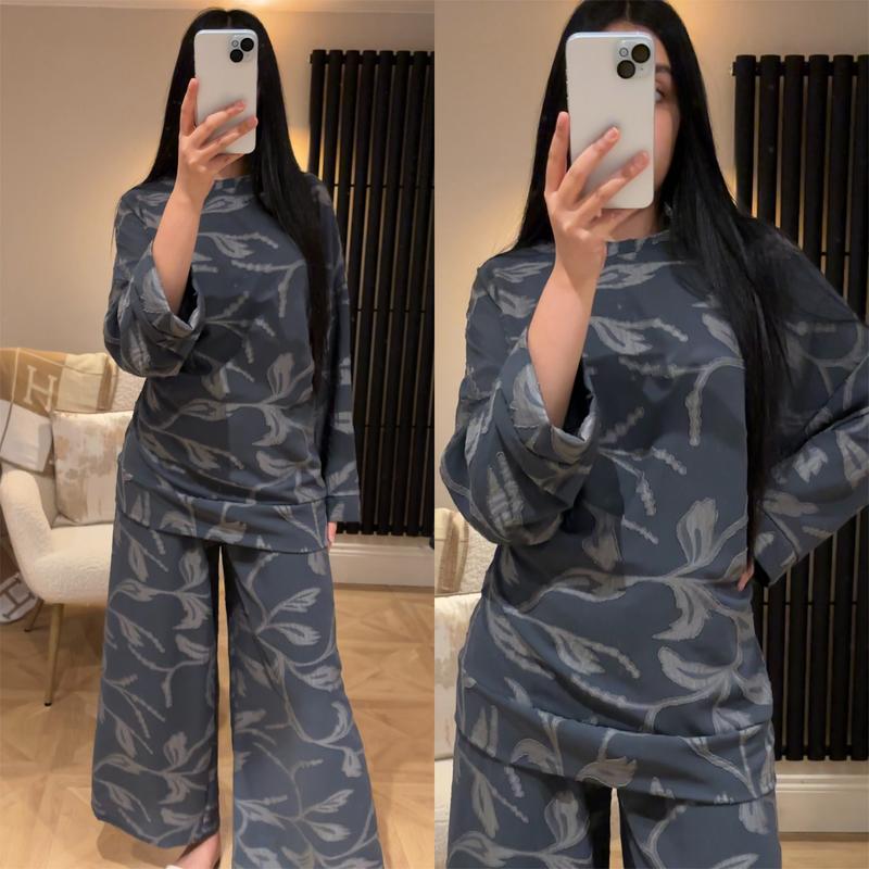 Product Introduction of Ladies Leaf Embroidered Two Piece Co-Ord Set Womens Floral Embossed Chic Elegance Crew Neck Top With Wide Leg Trousers Suit Womenswear Printed Modest Clothing Everyday Summer Vacation Wear Comfort Suit Long Sleeve 15