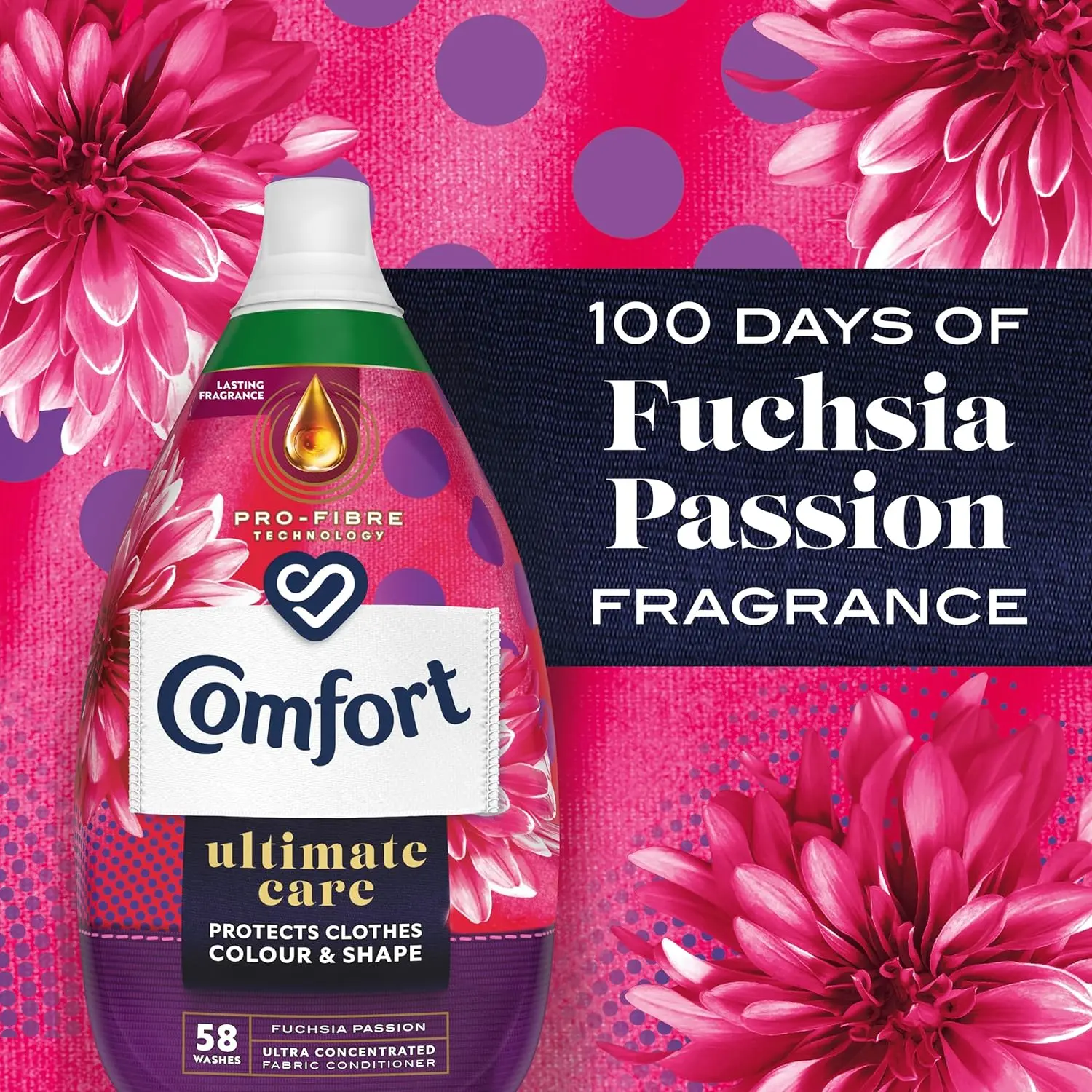 Ultimate Care Fuchsia Passion Ultra-Concentrated Fabric Conditioner bottle made of 100% recycled plastic* for complete clothes protection 58 washes (870 ml)