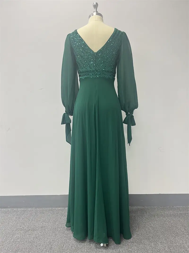 Product Introduction of New long-sleeved lace-up high-quality double V-neck bead splicing chiffon A-shaped large pendulum fully lined party evening dress 11