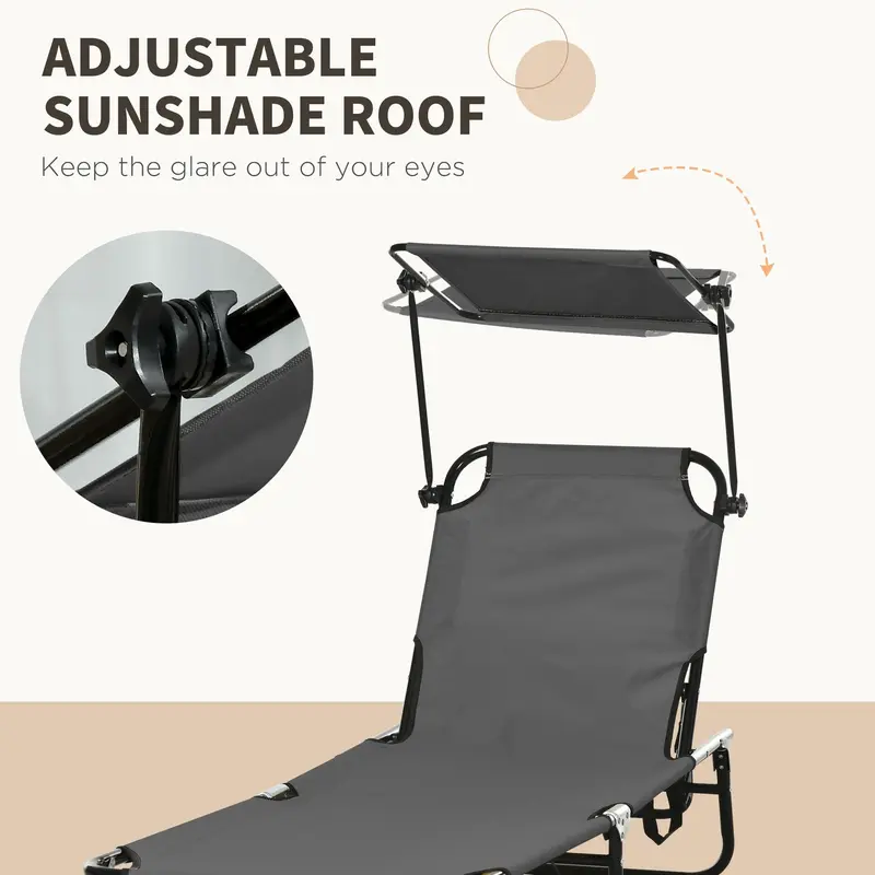 Outsunny 2 Piece Folding Sun Loungers with Canopy, Adjustable Recliner Garden Chairs with Side Pocket, Steel Frame and Breathable Mesh for Outdoor, Pool, Beach, Garden, Dark Grey 4