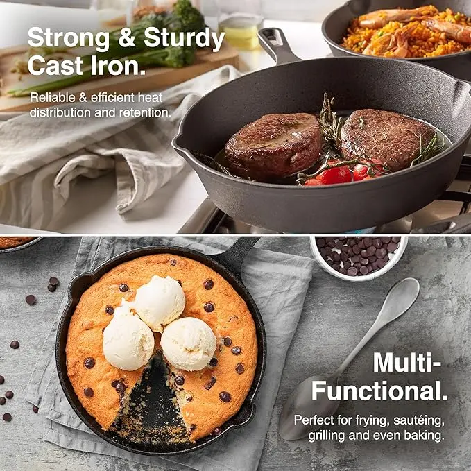 3 Piece Black Cast Iron Skillet Set- 3 sizes - 6",8",10" Cookware Pans 3