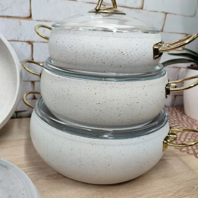 OMS 9PC GRANITE COOKWARE SET IVORY- Sturdy Aluminium Handles 2