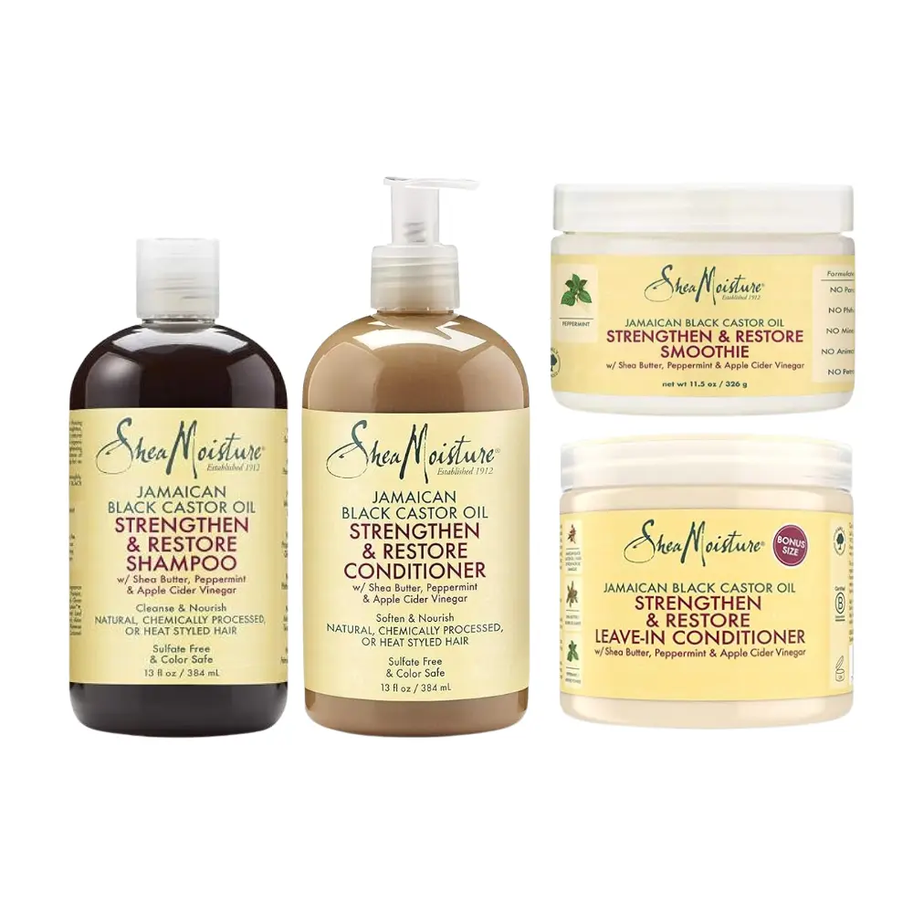 SheaMoisture Jamaican Black Castor Oil Strengthen & Restore Bundle – Shampoo, Conditioner, Leave-In Conditioner & Smoothie