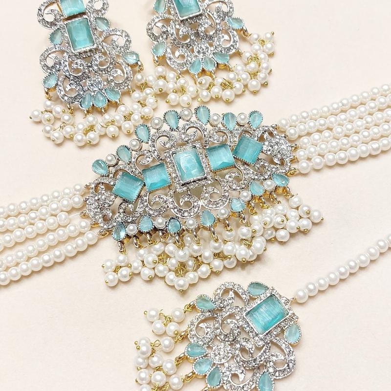 Zircon Choker Set with Real Stone MJB 045 - Bridal Set with Earrings,Tikka, and Pearls Bandhai Necklace 7
