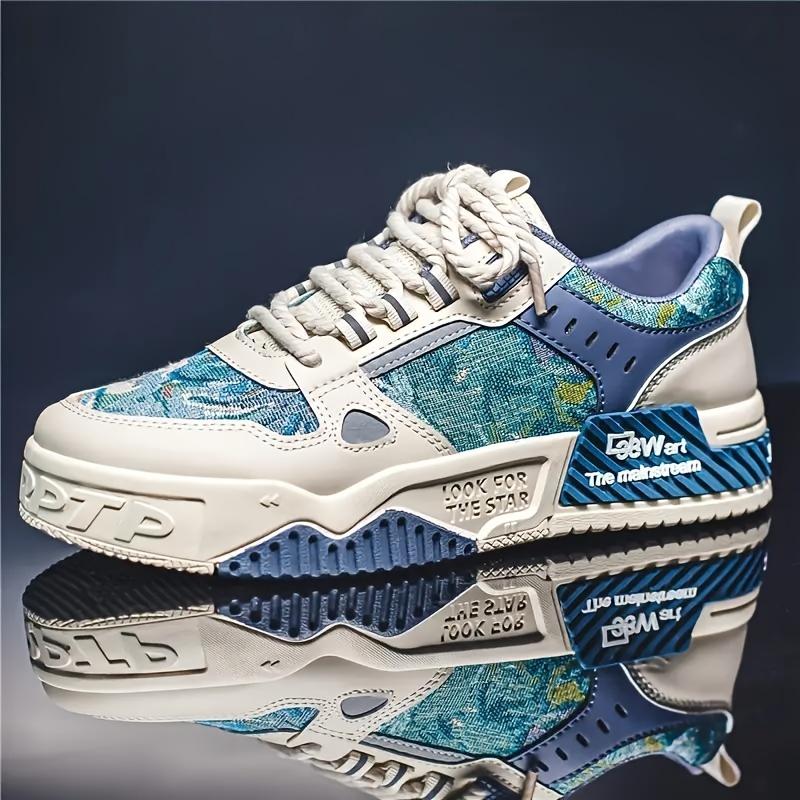 Product Introduction of Mens Low-Top PU Casual Skateboard Shoes - Breathable Fabric Lining, Non-Slip PVC Sole, Geometric Pattern, Lace-Up Closure, Round Toe, Preppy Style for Daily, Casual, Jogging, Traveling - All-Season Wear 0