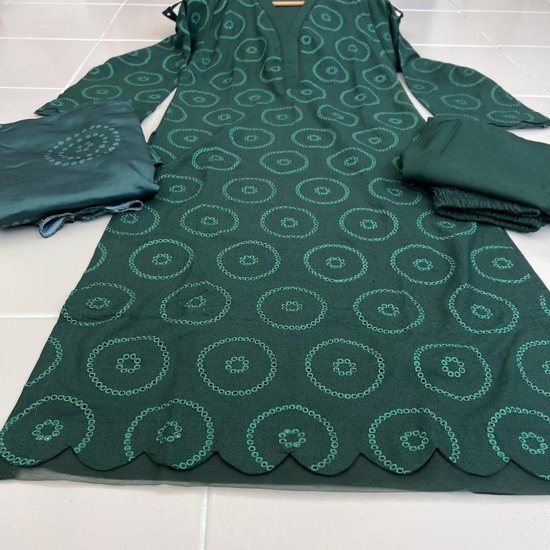 3 pc dhanak fabric Chickenkari long shirt suit with dupatta , organza detailing on daman and sleeves Womenswear 7