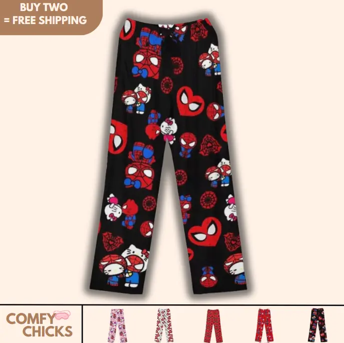 Hello Kitty Spider-man Cotton Velvet Loose Pajamas Pajamas Long Pants Women's And Men's Cartoon Sleeping Casual Wear Comfort Fabric Loungewear Nightwear Top Womenswear Comfortable Fit Matching Soft