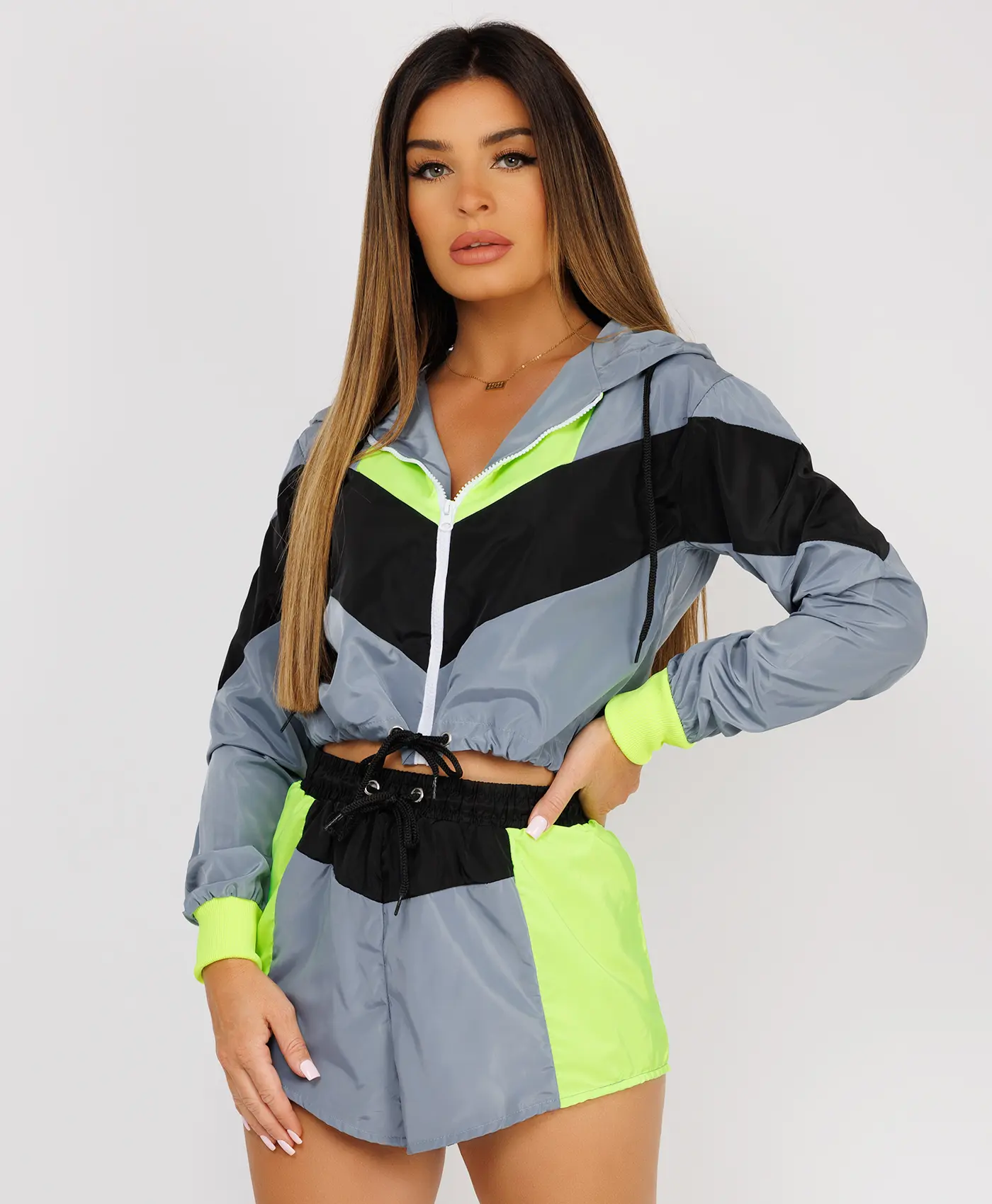 Lexi Fashion Womens Colour Block Cropped Shell Jacket & Shorts Co-Ord Set Polyester Long Sleeve Fabric Womenswear Cropped Top Festival Lightweight Outdoor