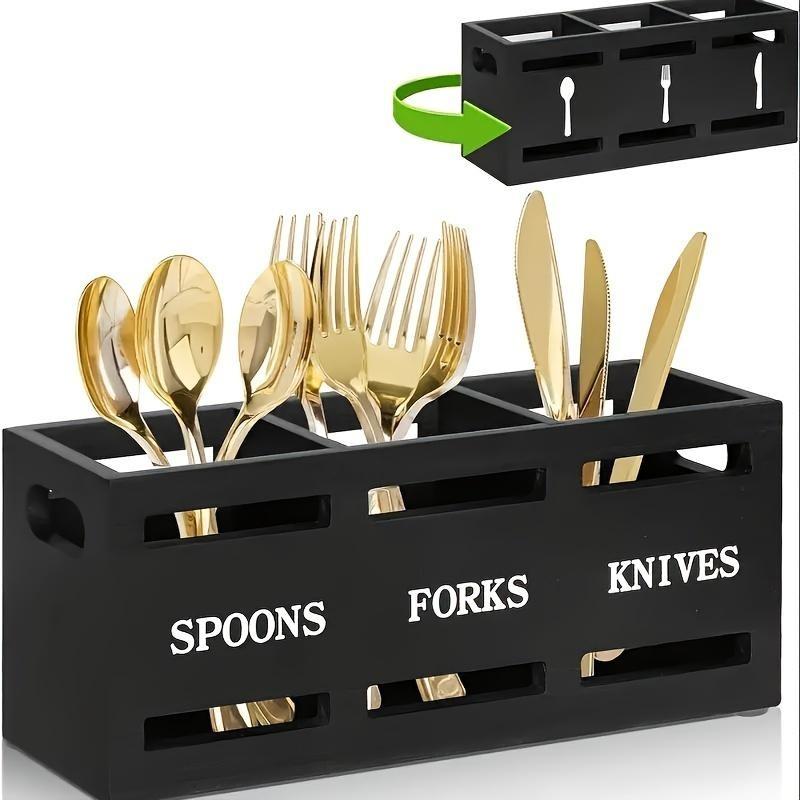 Rustic Wooden Kitchen Utensil Holder with Sturdy Iron Handle - 3-Compartment Organizer for Spoons, Forks, Knives - Perfect for Home & Restaurant Storage Kitchen Knives Knife 0