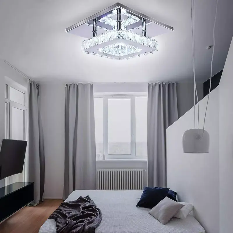 Crysta Ceiling LED Ceiling Lights Crystal Flush 21cm 12W 6000K Cold White Square Stainless Steel Mini Ceiling Lamp Crystal Chandelier Pendant Lighting Fixture for Bedroom, Kitchen, Living Room and Hallway crystal  light 3