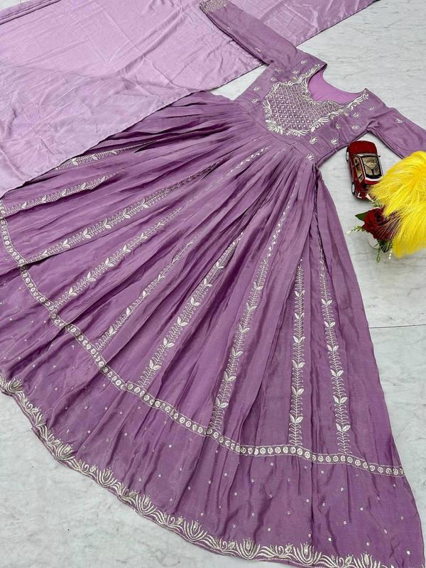 Luxury Embroidered Chinon Gown with Dupatta Comfort Outfit Traditional Women Womenswear Dress Dupatta Elegance Embroidery Elegant Soft Flared Flowy Formal Matching Party Piece Round Neck Sequins Sleeves Sleeves Statement 7