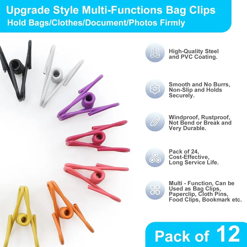 Bag Clips for Food Storage, 12pcs Steel & PVC Coated Food Bag Clips Bag Sealing Clips, Multi-function Food Pegs Clips, Clothes Pegs, Paper Clips, Durable Freezer Kitchen Home Office Plastic Smooth Thick Wood Wooden Coffee Sandwich Utility Utensils 1