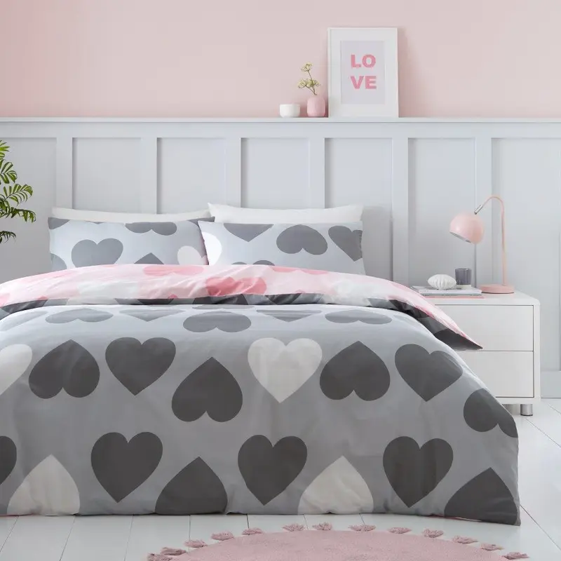 Pretty Heart Reversible Printed Duvet Cover Sets Polycotton Single Double King Superking Size Soft Bedding 1