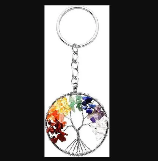 Tree of Life Keyring 7 Chakra Healing Crystal Tumbled Stone Natural Gemstone Car Key Chain Reiki Healing Keychain for Friendship Women Men Girls Bikes Home