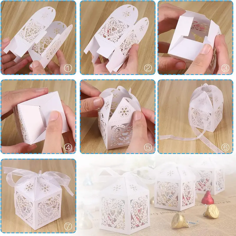 50 x Party Favour Box (5 x 5 x 7 cm) Laser Cut Wedding Favour Box White Candy Box for Wedding Favours for Guests Wedding Decoration for Weddings, Christenings, Birthdays 4