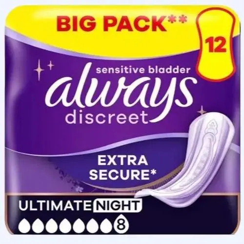 Always Discreet Incontinence Pads Plus Women Ultimate Night 12 Pads (1 - pack ) - Size 8  Scented Comfort
