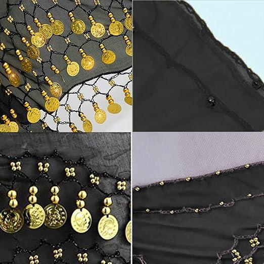 Belly Dance Hip Scarf with Bracelets, Chiffon Belly Dance Scarf Wrap Belt Sash Skirt with Gold Coins for Performance Costume Belly Dance Yoga Class Womenswear Clothes Fabric Fits Lightweight Outfits Top Comfort Black 4