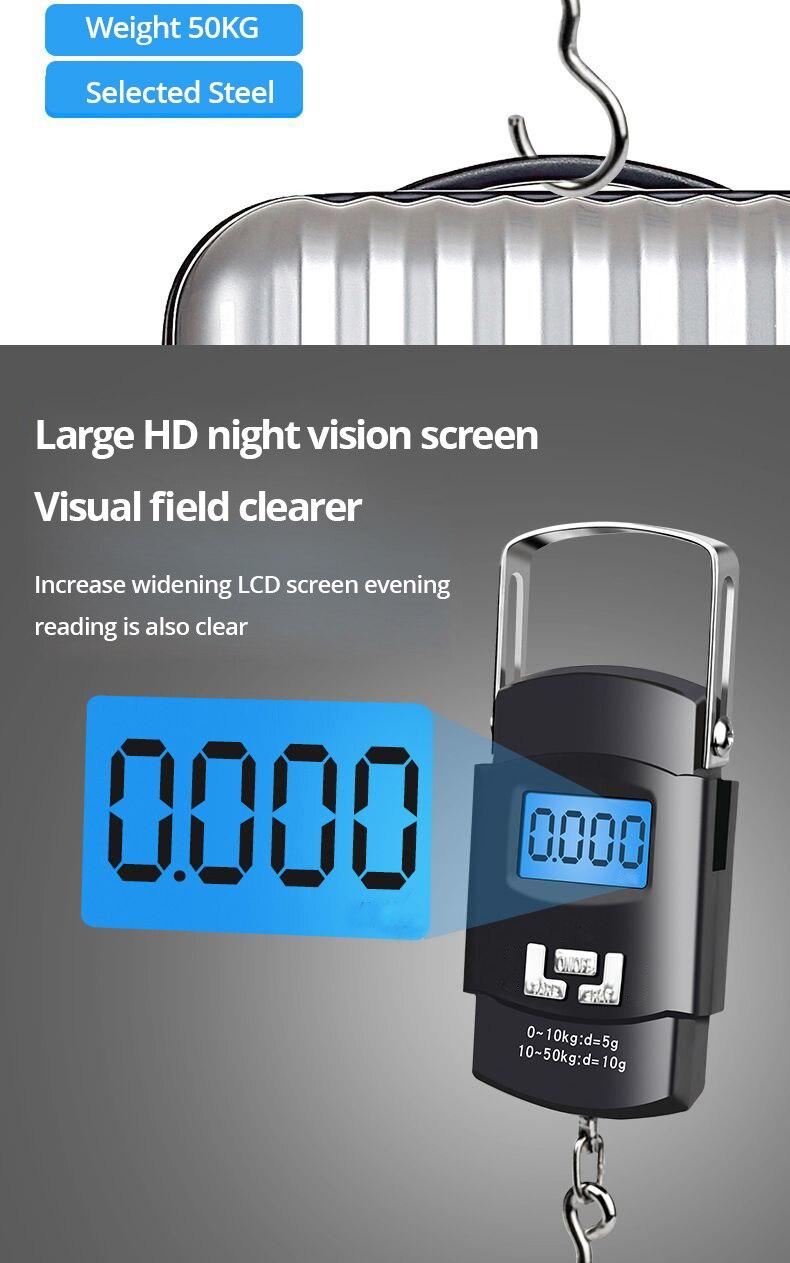 Product Introduction of 1pc Black 50kg Portable Electronic Portable Luggage Scale LCD Digital Display Screen Express Delivery Scale Hook Mini Scale 19