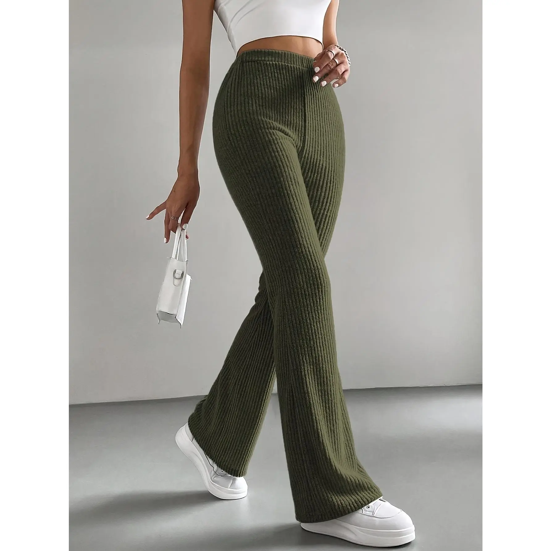 Solid Color Ribbed Flare Leg Pants, Casual High Waist Forbidden Pants For Spring & Summer, Women's Clothing Womenswear Bottoms Basic Green