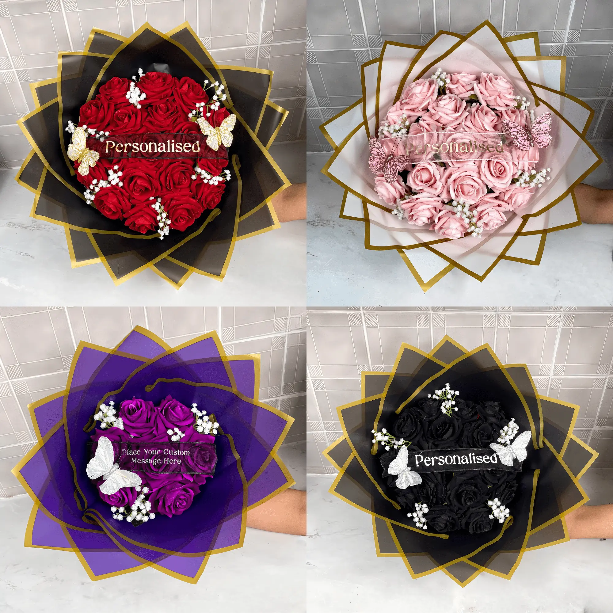 Stunning Velvet Rose Bouquets | Pink/Purple/Red/Black/White - Inc. Butterfly & Personalisation/Customisation - The Perfect Gift For Any Occasion Decor Decorative flower bunches flowers bouquet artificial valentines roses eternal  flowers roses