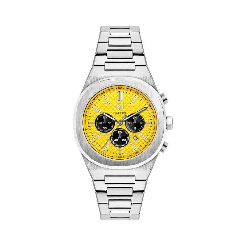 Makydo Racing Yellow Chronograph 42mm - Racing Mesh Dial, BGW9 Luminous Hands, 316L Stainless Steel Bracelet, Japan Miyota OS20 Movement 0