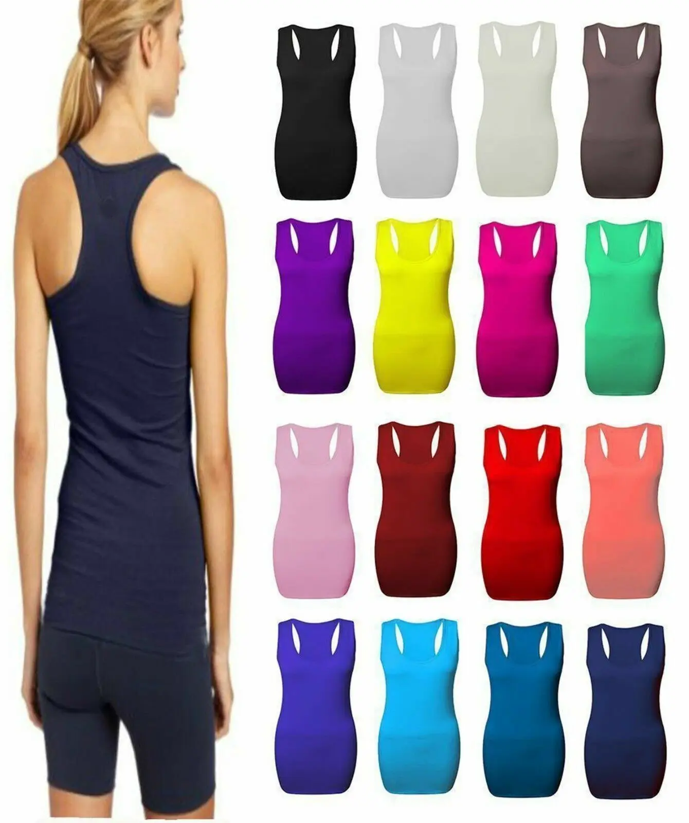 ZEROX WORLD New Ladies Womens Long Racer Back Bodycon Muscle Vest Top Gym Top All Sizes 8-26