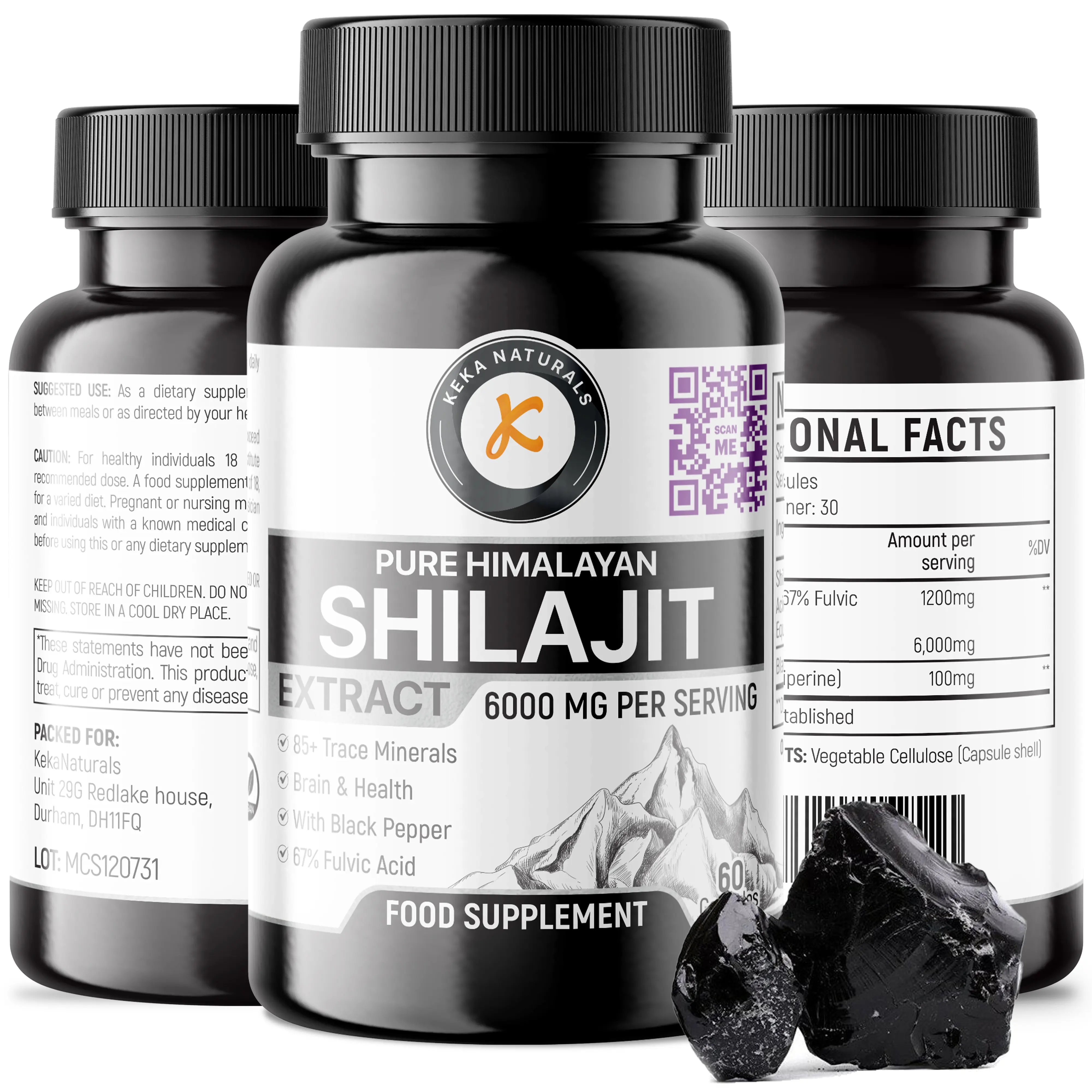 Shilajit Capsules 6000mg - 67% Fulvic Acid - 100% Pure Himalayan Organic Shilajit - 85+ Trace Minerals - with Black Pepper - Energy, Performance & Immune Health - 60 Veggie Caps
