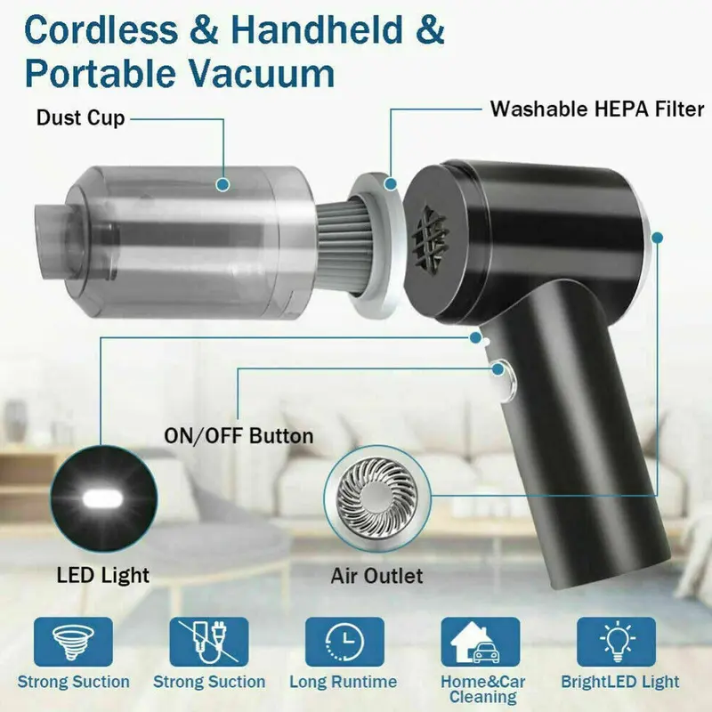 Rechargeable Wireless 120W, 6000pa Vacuum Cleaner Car & Air Duster, Handheld Vaccum Mini Power Suction USB Portable Wet & Dry Car Vacuum Cleaner with LED Light & Multi Nozzles for Car, Home, Pet 4