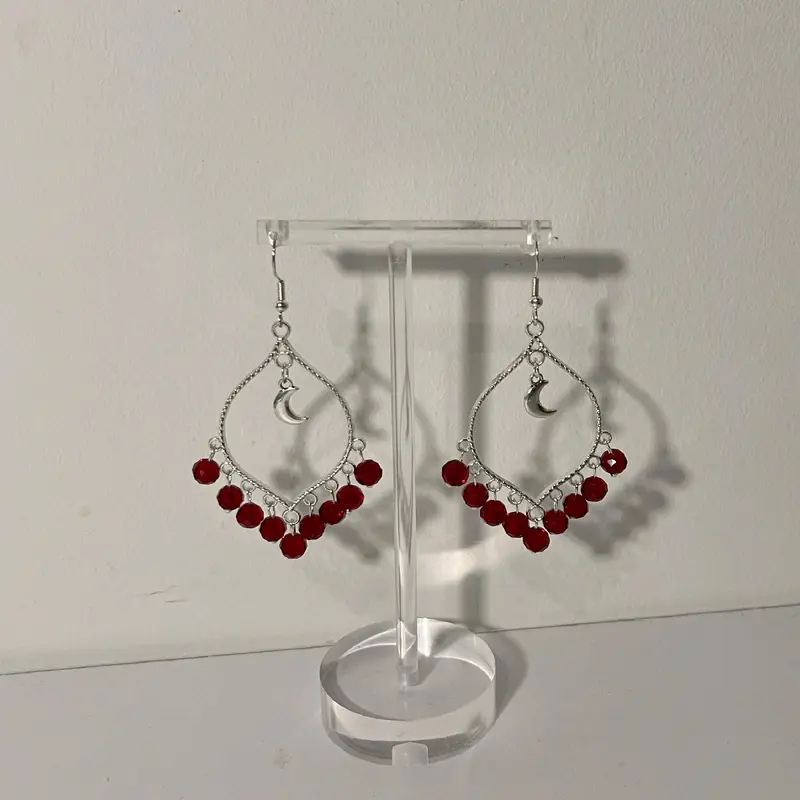 Hand-Made Silver Moonlight Maroon Crystal Bead Earrings for Women - Unique Design 2