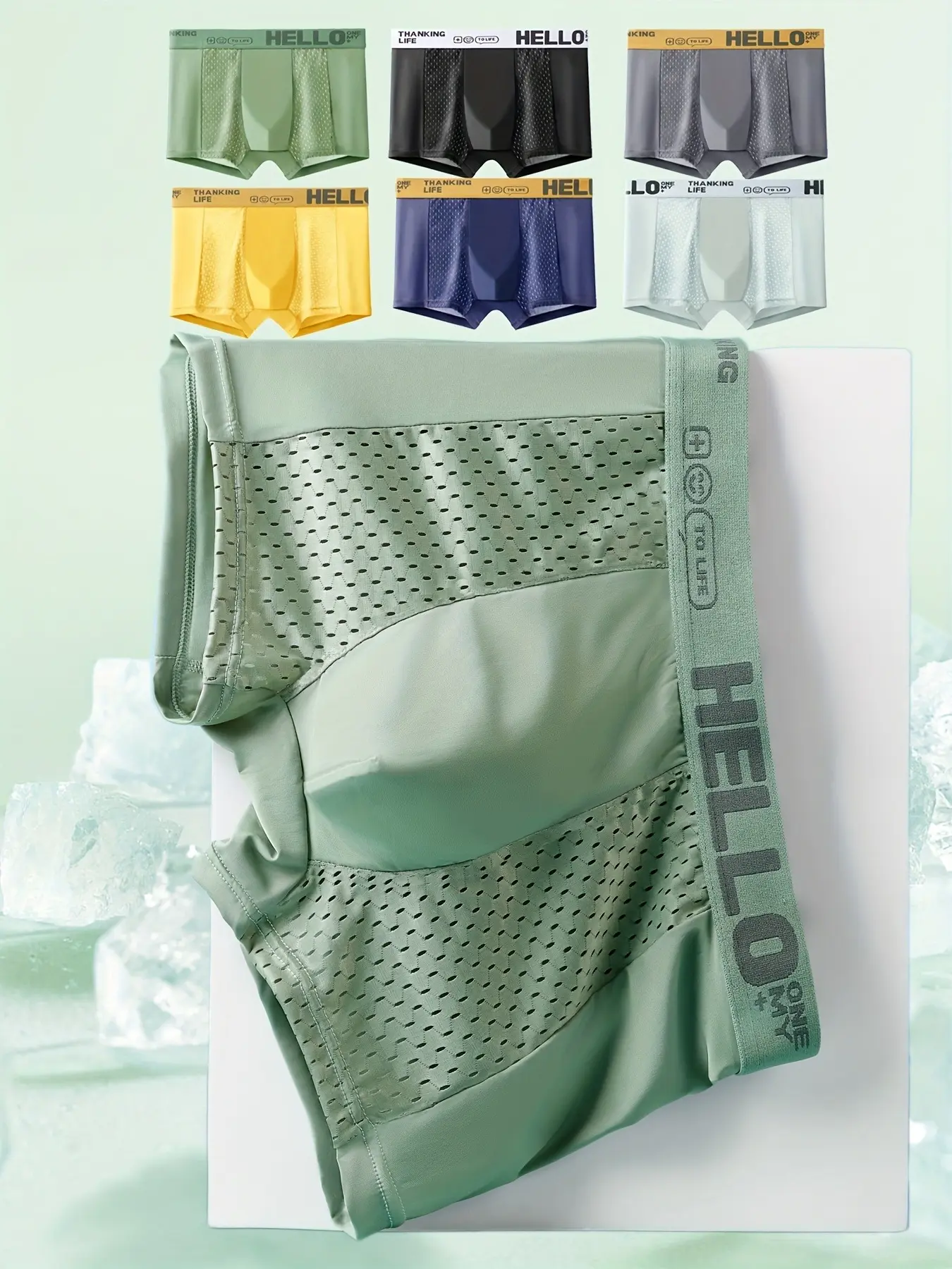 6pcs Comfortable Breathable Men's Mesh Boxer Briefs with HELLO Waistband, Non-Transparent Solid Color, Cooling Fabric, Machine Washable