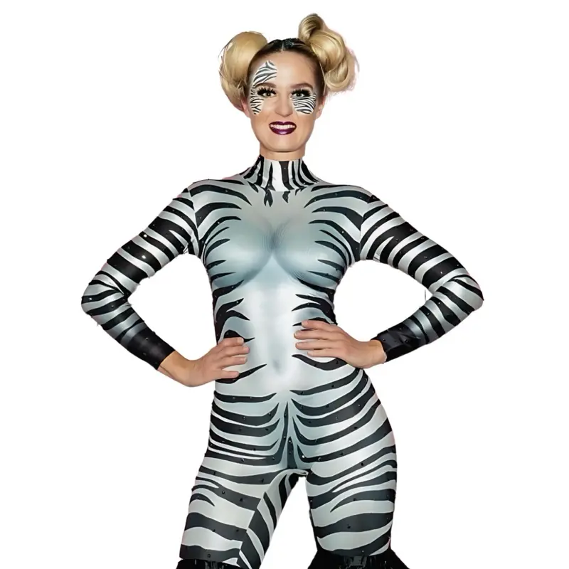 Zebra Catsuit Costume with Rhinestones, Lycra Stretch Bodysuit for Performers - Fabric, Comfort, Garment, Printed, Womenswear, Long Sleeve, Clothing