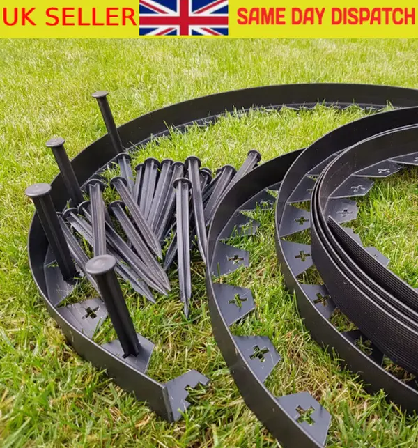 10 Metre FLEXIBLE GARDEN BORDER GRASS LAWN PATH EDGING WITH PLASTIC PEGS Black