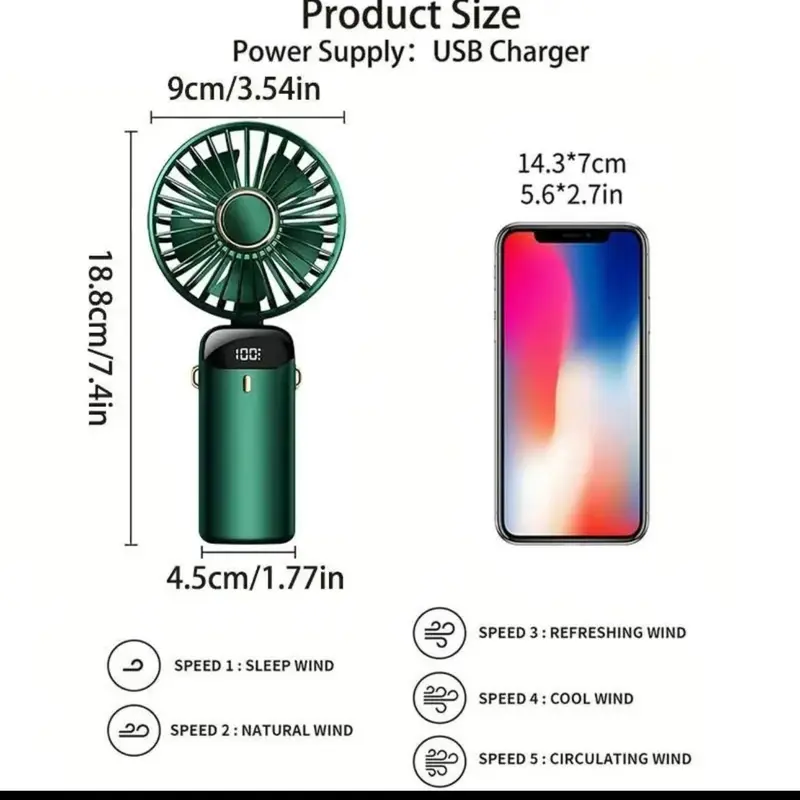 Portable Fan, USB Charging Handheld Fan, Personal Mini Fan with Adjustable 5 Wind Speeds, Cooling Fan with LED Power Display for Office 1