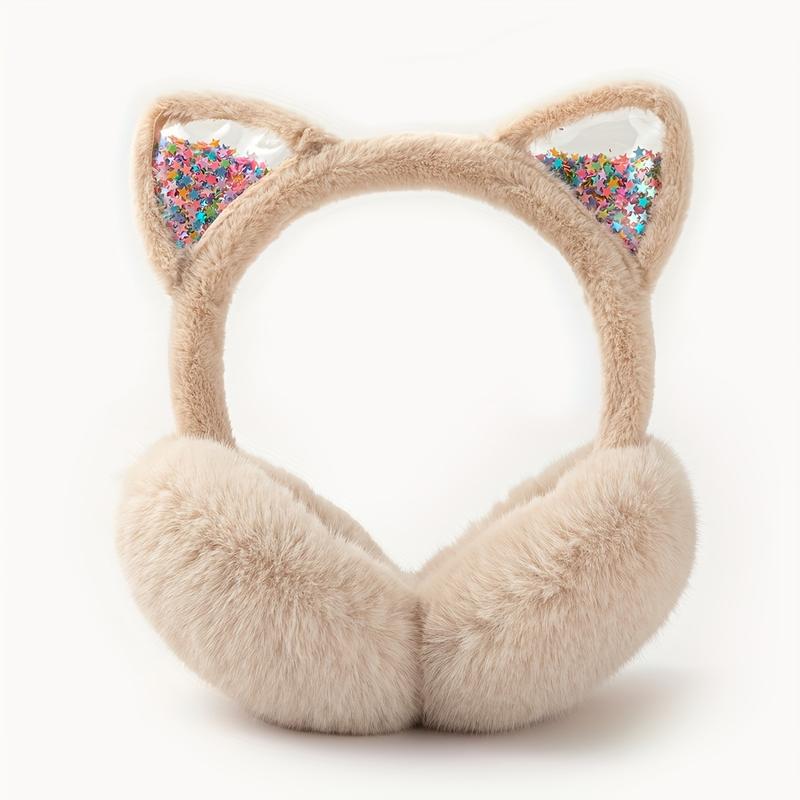 Cute Cat Ear Earmuffs for Women - Foldable Winter Ear Warmers, Sparkle Sequin Design, Solid Color, Polyester, Suitable for Ages 15+ 2